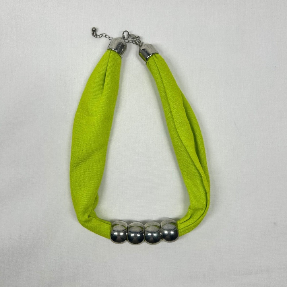 Y2K Bright Lime Green Fabric Cord Necklace Silver Metal Bead Accent Choker
